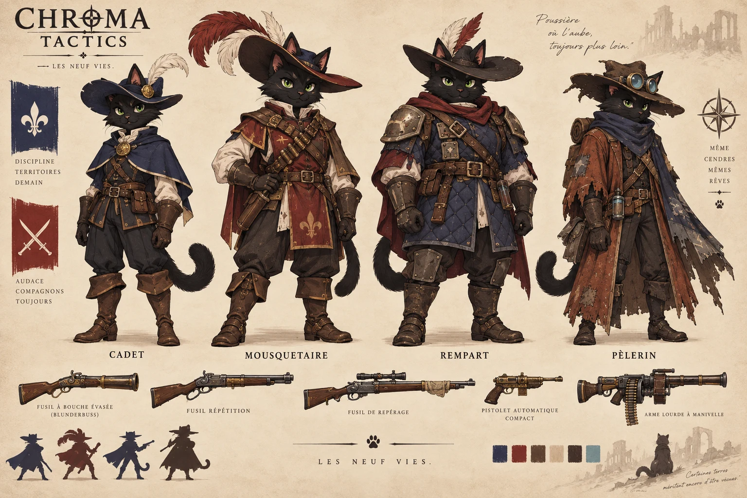Cadet, Mousquetaire, Rempart et Pèlerin : chats noirs en tenues de mousquetaires et de western après la catastrophe